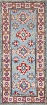 Light Blue/ Ivory Super Kazak Narrow Runner Rug 2' 9" x 6' 6'' Handmade Carpet