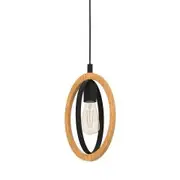Eglo Lighting Basildon Modern Metal Timber 1 Light Single Circle Pendant Light - Black / Natural