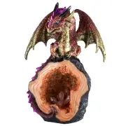 Red Dragon Guarding Crystals In Faux Geode Rock Figurine 7.75" High All Resin