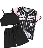 [Hilinker] Girls 3 Piece Outfit Short Sleeve Striped Cardigan and Crop Cami with Shorts