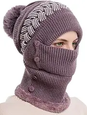 [Epsion] Women One Piece Slouchy Fleece Beanie Hats Scarf Mask Warm Winter Knitted Hat Thick Skull Ski Cap, A-Pink, One Size