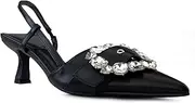 [RF ROOM OF FASHION] Women's Pointed Toe Slingback Mule Kitten Heel Pumps, Buckle Crystal Jeweled Design, Mary Jane Style