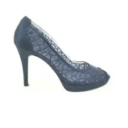 Adrianna Papell Sz 7.5 Foxy Navy Satin Platform Mesh Rhinestone Heel New in Box!
