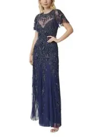 Aidan Mattox Illusion Crew Neck Short Sleeve Embellished Mesh Gown
