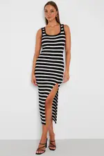 Black Stripe Knit Dress Sleeveless Side Split - Size XS, Women's Knit Dress