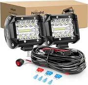 Nilight ZH302 18W Bar 2PCS 60W 4 Inch Flood Spot Combo LED Light Pods Triple Row Work Driving Lamp with 12 ft Wiring Harness kit-2 Leads