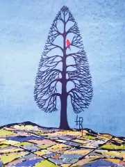 Original Watercolor painting, Life Tree, Red Bird, Relax ART, Wall Art decor.