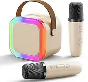 Karaoke Machine for Kids,Portable Bluetooth Speaker with 2 Wireless Microphones, Mini Bluetooth Speaker for Adullts and Kids,Birthday Gifts for Girls Boys Home Party (Beige)