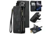 CaseMe C30 For Apple iPhone 16 Pro Max Vintage Leather Folio Zipper Wallet Case with Magnetic Closure and 7 Card Slots (Black)