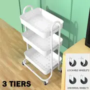 OZNALA 3 Tiers Kitchen Toilet Storage Trolley Cart Steel Rack Shelf Organiser Wheels-White