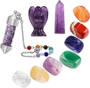 mookaitedecor 10 Pieces Amethyst Healing Crystals Kit, 7 Chakra Tumbled Stones, Pendulum, Pocket Guardian Angel, Crystal Wands 6 Faceted Stone Sets for Beginners, Meditation, Reiki and Balancing