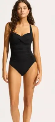 Seafolly Twist Halter One Piece -Black Size 14 BNWT