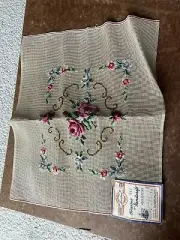 Antique Finished Needlepoint Tapestry Wool Canvas Floral Flowers Seat Cover Vtg