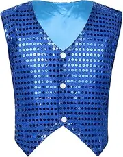[RUNQHUI] Kids Boys Girls Shiny Sequins Vest Sleeveless V-neck Buttons Jacket Hip-hop Jazz Dance Party Tops Waistcoat