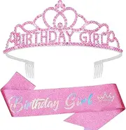 CAVETEE Birthday Headband with Glitter Birthday Sash，Pink Birthday Accessories for Her Birthday Headband Pink Birthday Girl Sash and Crown for Girls and Women Birthday Party