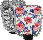 Red Poppies Floral Blue Leaves White Wash Mitt for Car Washing Soft Scratch Free Car Detailing Supplies Scrub Pad Microfiber Chenille Absorbent, Medium x 2 Pack
