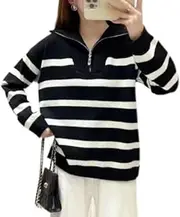 [Generic] Women Striped Pullover Sweater Quarter Zip Long Sleeve Sweater Tops V Neck Collar Oversized Knit Sweaters