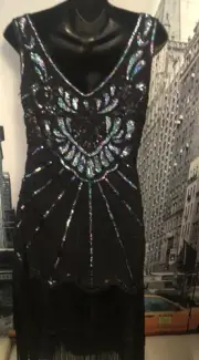 Babeyond 1920s Gatsby Black Sequin Beaded Fringed Flapper Cocktail Dress Sz M