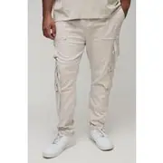 Mens Light Stone Plus Fixed Waist Multi Cargo Strap Detail Skinny Cargo Trousers