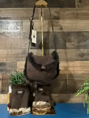 UGG Mini Purse Crossbody Bag Gloves Set Brown Suede Lamb Rabbit Fur Shearling