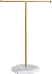 [Qaeoity] Jewelry Stand Display Necklace Holder T-Bar Plated Metal Tabletop Jewelry Organizer Tower for Show Jewelry Hanging Pendant Earring Bracelet Ring Accessorie with White Marble Plywood Bases.