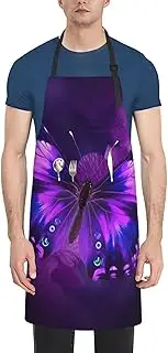 LHBWCVN Purple Butterfly Apron for Adults, Waterproof Cooking Aprons with 2 Pockets, Adjustable Bib Apron for Dishwashing, Long Kitchen Apron for Women Men Work Aprons for Dog Grooming, Black