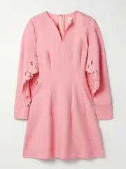 [Oscar de la Renta] Oscar de la Renta - Cutout Guipure Lace-trimmed Wool-blend Crepe Mini Dress - Bubblegum - US8 US 8 Pink