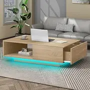 [ALFORDSON] Coffee Table Center Table with RGB LED Light, Wood Color, Living Room Office Reception Dining Table with Drawer and Open Shelf