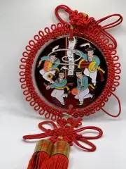 CHINESE LUCKY KNOTS WALL HANGING WITH SILK CORD, TASSEL METAL/TIN MEDALLION