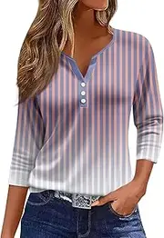 [Valtorixia] 3/4 Length Sleeve Women Henley V Neck Tops Casual Length Button Down Shirt Floral Print Blouses Plus Size Trendy Comfy Tees (Color-b-9,Medium)