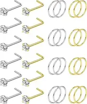 [FIBO STEEL] 28 PCS Nose Rings Hoops L Shaped Nose Ring Set Nose Rings Studs for Women Men Cubic Zircon Nose Piercing Jewelry Neon Nose Rings Hoops 18G 20G 22G