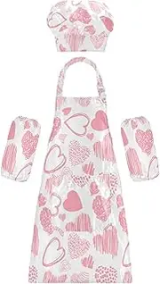 AIXIWAWA Kids Apron Chef Hat Set, Child Kitchen Bib Aprons Adjustable for Cooking Baking Painting (Heart Doodles)