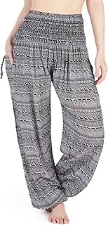 [Lannaclothesdesign] Women's Smocked Waist Paisley Print Rayon Yoga Harem Pants