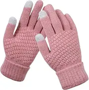 [Fiocias] Winter Knit Gloves Touch Screen Windproof Warm Full Finger, Pink
