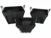 S/3 Black Square Wrought Iron Frame Fabric Storage Baskets Boxes Home Organise