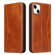 For iPhone 14 Case Fierre Shann Genuine Cowhide Leather Wallet Cover Brown