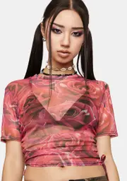 [NGOrder] Rose Print Mesh Crop Top