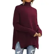 Women's Sweater Pullover Casual Soft Solid Color Ribbed Turtleneck Knitted Split Long Sleeve Regular Tops Knit Outdoor Daily Holiday Wine Red Fuchsia Fall Wint