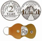 Imasoner 2 Year Sobriety Coin Gift | Tree, Mountain, Rising Sun for AA Chip Medallion with Leather Keychain, Display Stand & Card | Sobriety Gifts for Month & Year for Men & Women in Recovery