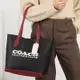 COACH Kia 經典大LOGO撞色拼接荔枝紋皮革肩背托特包-黑/紅色