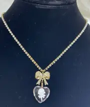 Betsey Johnson Lucite Heart/Flower Pendant Bow Gold-tone Chain Necklace