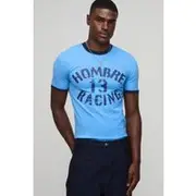 Mens Blue Muscle Fit Hombre Racing Ringer T-Shirt