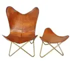 Indien Handmade Leather Lounge Butterfly Chair With Footrest Foot Stool