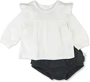 [HonestBaby] Long Sleeve Ruffle Shoulder Top with Bloomer Set Baby Girls, White/Black