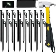 16 Pack Heavy Duty Tent Stakes with Hammer - 8in and 10in Forged Steel Stakes for Camping on Rocks - Storage Pouch Included