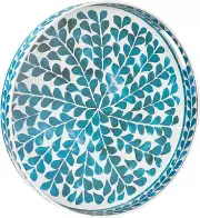 Blue Decorative Tray, 13" round Serving Tray with Handles, Leaf Pattern Sticker