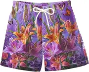 [RPLIFE] Boys Swim Trunks, Anti Chafe Swim Trunks Boys 2 T, Vibrant Bouquet Lilies Purple