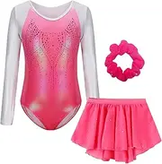 [SEAUR] Girls Shiny Rhinestone Gymnastics Leotards Long Sleeve Jumpsuit with Removable Skirt and Hairband 3 Piece Dance Outfits for 5-12 Years