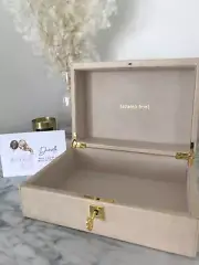 Beige lockable bridesmaid proposal box. Designed to unlock magical moments!