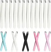 Glarks 12Pcs White Eyebrow Tweezers Stainless Steel Slanted Tip Tweezers Professional Facial Hair Eyebrow Precision Tweezers for Men and Women